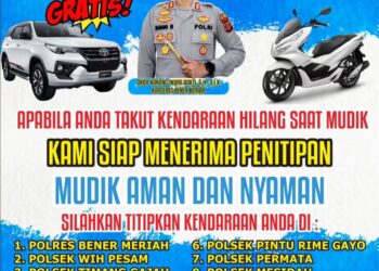Polres Bener Meriah Buka Layanan Penitipan Kendaraan Selama Libur Lebaran Gratis