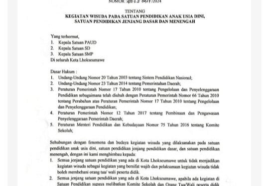 Dinas Pendidikan Lhokseumawe Mengeluarkan Surat Edaran Larangan Pengutipan Wisuda