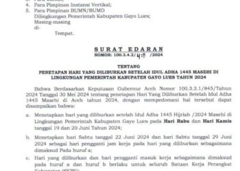 Pj Bupati Gayo Lues Tetapkan Tanggal  22 Juni Dan 29 Juni 2024 Sebagai Pengganti Jam Kerja 