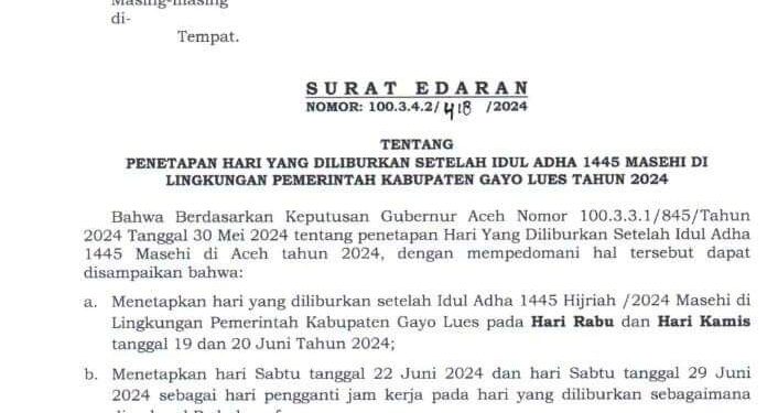 Pj Bupati Gayo Lues Tetapkan Tanggal  22 Juni Dan 29 Juni 2024 Sebagai Pengganti Jam Kerja 