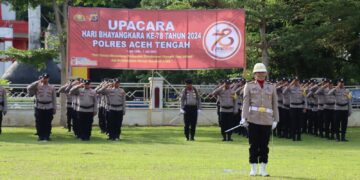 Kapolres Aceh Tengah Jadi Irup Upacara Hut Bhayangkara Ke-78 Di Lapangan Setdakab Setempat