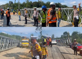 Satlantas Polres Kampar Uji Coba Jembatan Bailey di KM 106/107 Jalan Amblas Desa Tanjung Alai XIII