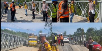 Satlantas Polres Kampar Uji Coba Jembatan Bailey di KM 106/107 Jalan Amblas Desa Tanjung Alai XIII