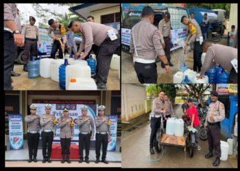 HUT Lalu Lintas Ke-69, Satlantas Polres Kampar Bagi-Bagi Air Bersih Di Tapung Hulu 