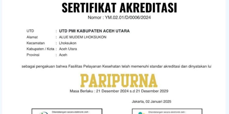 UDD PMI Aceh Utara Raih Hasil Akreditasi Paripurna 