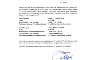 Intensitas Curah Hujan Makin Tinggi, Hari Ini Dan Besok PLTA Koto Panjang Buka Pintu Air