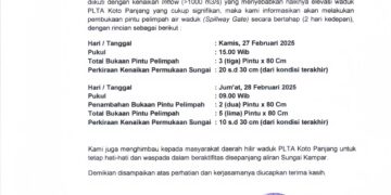 Intensitas Curah Hujan Makin Tinggi, Hari Ini Dan Besok PLTA Koto Panjang Buka Pintu Air