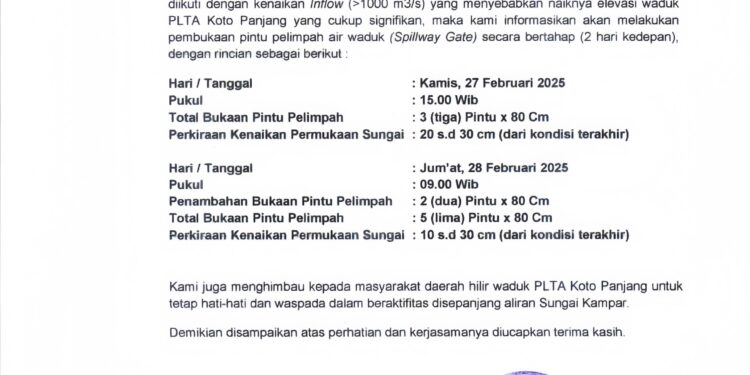 Intensitas Curah Hujan Makin Tinggi, Hari Ini Dan Besok PLTA Koto Panjang Buka Pintu Air
