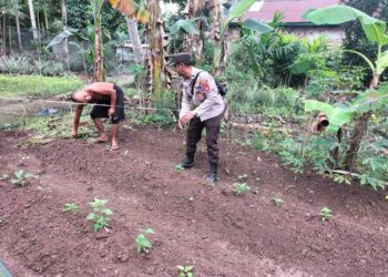 Cek Lahan Pekarangan Milik Abdulah, Bhabinkamtibmas Polsek Makarti Jaya Berikan Motivasi 