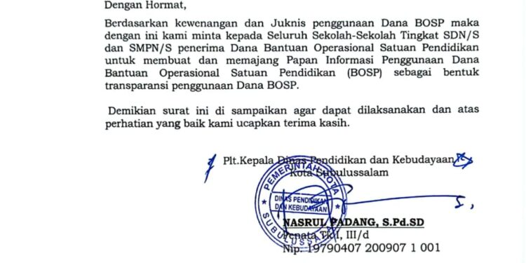 Dinas Pendidikan Kota Subulussalam Tegaskan Penggunaan Dana BOSP Harus Transparan