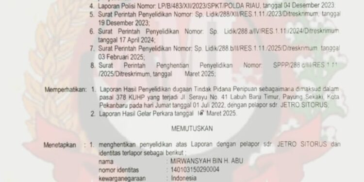 Penyelidikan Dugaan Penipuan Dihentikan, Kinerja Dirreskrimum Polda Riau Patut Dipertanyakan?