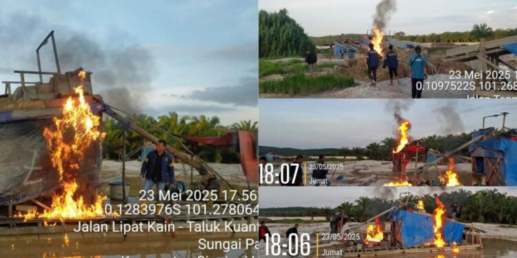 Polsek Singingi Hilir Tindak Tegas Aktivitas PETI, 9 Unit Rakit Dimusnahkan