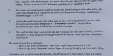 Surat An. Wahid Ke PT BDA Longkib Terkait Kepemilikan Lahan Di Longkib Belum Ada Jawaban