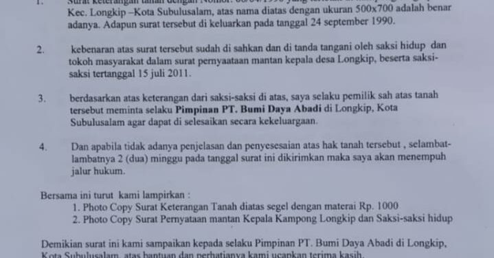 Surat An. Wahid Ke PT BDA Longkib Terkait Kepemilikan Lahan Di Longkib Belum Ada Jawaban