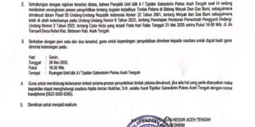 Polres Aceh Tengah Panggil Yusra Efendi Dimintai Keterangan Terkait Dugaan Tindak Pidana Migas