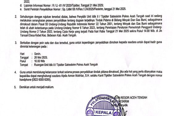 Polres Aceh Tengah Panggil Yusra Efendi Dimintai Keterangan Terkait Dugaan Tindak Pidana Migas