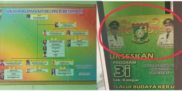Kantor Camat Perhentian Raja Menggunakan Spanduk Bupati Lama, Diduga Sunat Anggaran