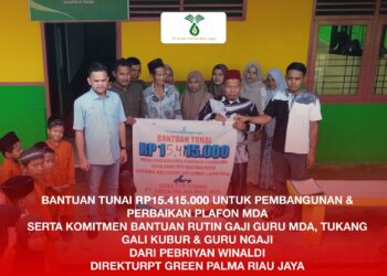 PT Green Palma Riau Jaya Salurkan Bantuan Rp15,4 Juta untuk Pembangunan MDA dan Gaji Guru Ngaji di Kampar