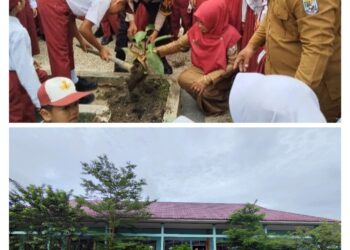 Dukung Program Green Policing, Polsek Pangkalan Kuras Tanam Pohon Buah di SD 006 Sorek Dua