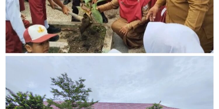Dukung Program Green Policing, Polsek Pangkalan Kuras Tanam Pohon Buah di SD 006 Sorek Dua