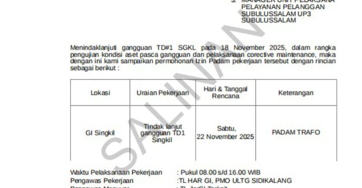 PLN Di Aceh Singkil Padamkan Listrik, Alasannya Pemeliharaan Correctif Disisi Trafo Daya