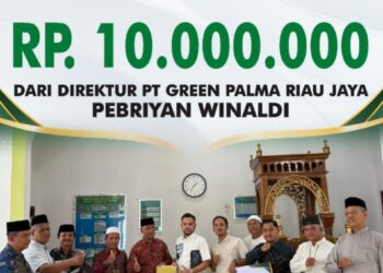 ” Jumat Berkah Direktur PT Green Palma Riau Jaya Serahkan Bantuan Rp10 Juta untuk Pembangunan Masjid Al-HusnaAl-Husna”