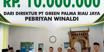 ” Jumat Berkah Direktur PT Green Palma Riau Jaya Serahkan Bantuan Rp10 Juta untuk Pembangunan Masjid Al-HusnaAl-Husna”