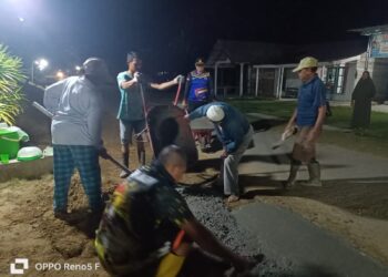 Kapolsek Kerumutan Bersama Warga Gotong Royong Bangun Bahu Jalan Desa Beringin Makmur