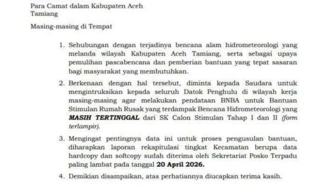 Pemkab Aceh Tamiang Percepat Pendataan Ulang Korban Bencana Tahap III