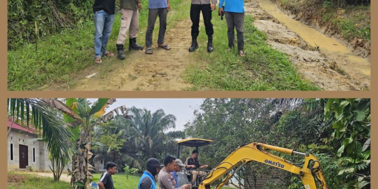 Bhabinkamtibmas Desa Angkasa Tinjau Pembersihan Parit Bantuan PT Serikat Putra di Pelalawan