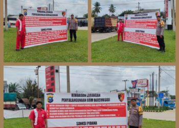 Polisi Pasang Spanduk Himbauan Larangan Penyalahgunaan BBM Bersubsidi di SPBU Lubuk Terap Pelalawan