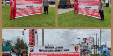 Polisi Pasang Spanduk Himbauan Larangan Penyalahgunaan BBM Bersubsidi di SPBU Lubuk Terap Pelalawan