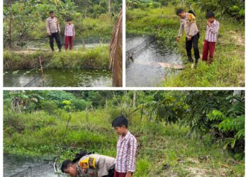 Bhabinkamtibmas Pangkalan Gondai Pantau Program Ketahanan Pangan Budidaya Lele di Langgam