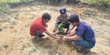 Polsek Kerumutan Tanam Pohon di Desa Pematang Tinggi, Dukung Penghijauan Lingkungan
